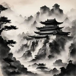 A mighty fort Zantonius in it's prime in Chinese Style Ink Painting Art style