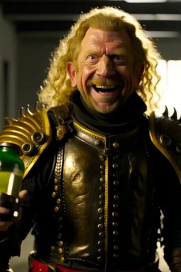 Mad-eye Moody with no skin on his face wearing leather armor, looking eager and excited, holding a windex spray bottle