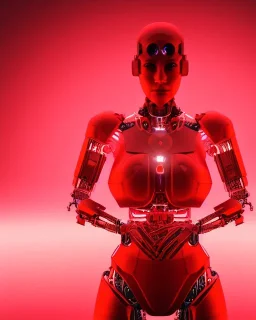 A beautiful portrait of a cyborg body women red color scheme, high key lighting, volumetric light high details psychedelic background