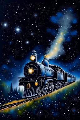 Steam Train Under Starry Sky Painting, Portrait Art Print, Night Sky Art