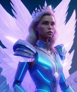 A crystalised queen, atmospheric, realistic, unreal engine, cinematic lighting, octane render. blue, pink, transparency, light, shine,bright, full body, transparent wings, blonde, long hair, nice smile