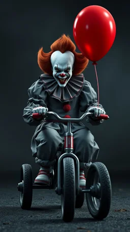a front view of the clown from the horror movie “IT” riding a children’s tricycle with his red ballon , in a 3d rendering full-height image of a grim and dark scene. Ensure the final images exhibit the utmost quality, encompassing 4K, 8K, and 64K resolutions, with 3D rendering that manifests in photorealistic, hyperrealistic, and highly detailed representations. Employ techniques such as HDR, UHD,