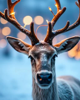 realistic, real, Reindeer, has Christmas lights on his antlers..