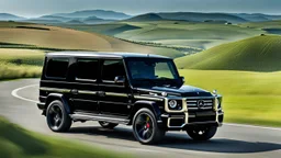 A sleek ((( bulk g wagon))) with a majesticly curved rear, cutting through a (sunny, open countryside) backdrop