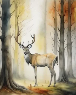 deer with antlers standing sideways, looking at viewer, realistic water color painted, among tall simplified tree trunks, foggy, pastels, colorful