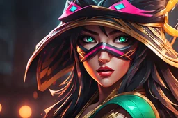 Akali in 8k anime drawing style, akali custom, msak, close picture, rain, neon, intricate details, highly detailed, high details, detailed portrait, masterpiece,ultra detailed, ultra quality