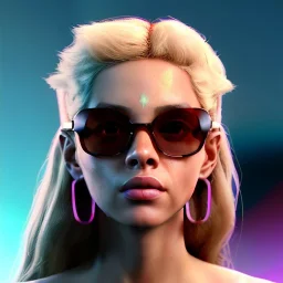 Shakira, artist, 30 years old, Realistic image, waist up portrait, etro style dress. Gucci sunglasses. Blonde, loose long hair, eyes make up, perfect, glow, circle iris. Neon colors, leds, geometric shapes. Dark background, neon lights. Cyberpunk, concept art, smooth, unreal engine 5, god lights, ray tracing, RTX, lumen lighting, ultra detail, volumetric lighting, 3d, finely drawn, high definition, 4k.