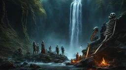 skeletons, zombies, banshees, wraiths, ghosts at the foot of a 3.000 feet high waterfall. fantasy setting, horror. exquisite realism, a masterpiece, fantasy concept art, dynamic lighting, hyperdetailed, intricately detailed, deep color, Unreal Engine, volumetric lighting, Epic cinematic brilliant stunning intricate meticulously detailed dramatic atmospheric maximalist digital matte painting