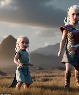 Daenerys Targaryen toddler, full body, dramatic lighting, angry, hyper realistic,