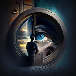 a man leaning against a keyhole, with a keyhole in his eye and a human eye in the keyhole, bizarre, surreal, darkmood