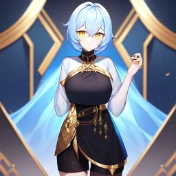 Clear focus, High resolution, short light blue fluffy hair, hair between eyes, yellow eyes, wearing black magma shorts, detailed outfit, blue and black outfit, gold accessory, female