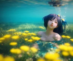 Anime girl underwater with yellow flowers for hair, closed eyes, rtx, reflection, 8k, glow, winning photography, caustics