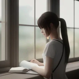 female student studying by the window, anime style, unreal engine 5, sun light, studio lighting --ar 1:1 --v 4