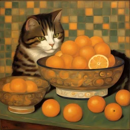 A cat with a bowl of oranges on the table painted by Klimt