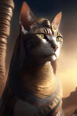 portrait of a cat wearing an ancient Egyptian dress, warrior, 4k, realistic, dramatic lighting, beautiful, mystery , powerful, landscape background