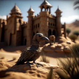 humanoid bird in castle in the desert, photo-realistic, shot on Hasselblad h6d-400c, zeiss prime lens, bokeh like f/0.8, tilt-shift lens 8k, high detail, smooth render, down-light, unreal engine, downlight