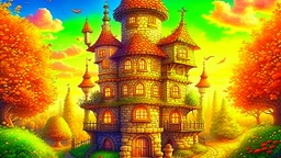 Fantasy style digital art: beautiful fairy tower in a middle of a small cute village, with many small houses