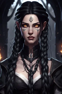 Young beautiful female Hexblood warlock character . Bright glowing pale eyes. Long, thick, silky jet-black hair reaching her waist, with a center part and two loose Dutch braids starting at her temples, flowing into the rest of her straight hair. A few soft strands frame her face. Thin dark vine-like markings spread across neck and collarbone as a sign of an ancient curse. Dark fantasy, realistic, cinematic, highly detailed.