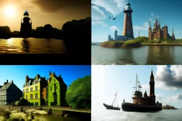 Netflix's Outer Banks, next to a new york landscape and a Blackpool tower, Miami scenery, and Wild west aspects, with boats, also elements of devon.