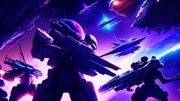 sci fi scene of galactic war, anime style, high resolution, use blue, purple, and red, ships, manned suits, and big guns