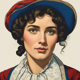 colored silkscreen print of a young, Napoleonic period French peasant woman , with highly detailed facial features ,in the style Ann Chernow, with a fine art aesthetic, highly detailed , realistic , 4k UHD cinegraphic quality