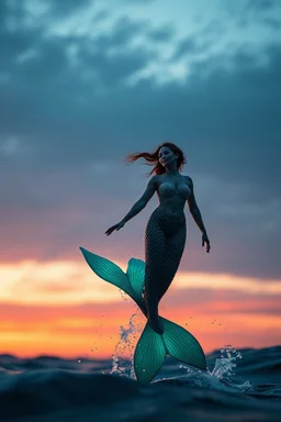 Ultra realistic photo mermaid in full size swim rough colored big ocean at sunset time concept ,full size, science, technology,future,electric ,futuristic style, design, practicality,manufacturability,performance, performance, HOF, professional photographer, captured with professional DSLR camera, trending on Artstation, 64k, full size, ultra detailed, ultra accurate detailed, bokeh lighting, surrealism, background,(((realism, realistic, realphoto, photography, portrait, , realistic, beautiful,