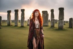 Full body shot of a tall slim red-headed young woman, dressed like a gipsy, standing in front of Stonehenge in a flaming circle