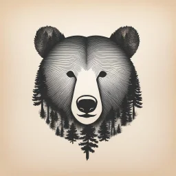 M shaped bear head combined with woods silhouette in background, letterpress style, minimalistic pencil art