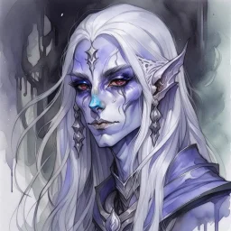 dnd, fantasy, watercolour, large strokes, stylistic, portrait, illustration, dull colours, woman, dark elf, drow, face, narrow long face, cruel face, cold demeanor, purple eyes, piercing eyes, vicious expression, white hair, very long hair streaming down the shoulders, lush hair, elegant, short small mouth, cruel smile