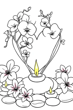 outline art for visually rich appealing heart ikebana orchids plumeria spa rounded stones around candles, coloring page for kids, white background, fit to page, only use outline, clean line art, no shadows, clear and well outlined