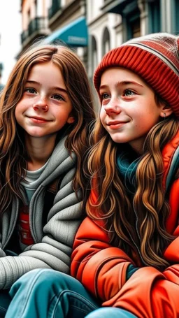iki kız beraber sokakta oturuyorlar yaşları daha büyük liseliler daha renkli kızlardan birinin saçı kabarık diğerininki ise biraz uzun