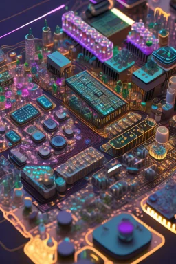 microscopic community living on a circuitboard:: hyperrealisitc circuitboard:: 8k