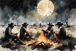 expansive wide shot of zombie cowboys sitting around a fire in middle of a prairie at night, impressionism, watercolor painting, medium visible brush strokes, ink splatter, depiction of light in in its changing qualities, cosmic horror, by Claude Monet and Stephen Gammell and Gabriel Pacheco, opulent moonlight, diagonal composition, by Russ Mills