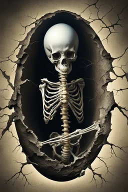 a haunting image of an embryonic human skeleton emerging from a cracked egg