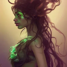 alien girl, cute, beautiful, long hair, curly hair, black hair, slim body, brown eyes, big eyes, green skin, turquoise dress, head and shoulders portrait, fantasy, 8k resolution concept art portrait by Greg Rutkowski, Artgerm, WLOP, Alphonse Mucha dynamic lighting hyperdetailed intricately detailed