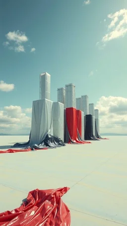 Fotografia di una superficie piatta di colore azzurro chiaro e giallo pastello, su cui si ergono alcuni gigantesche immense enormi strutture di forma indefinita, fatte di materiali vari, ricoperte da materiale plastico argentato, rosso, e nero, che scende a terra. Max Ernst, Amano, Yves Tanguy, Piet Mondrian, James Ensor, paranoic, obsessive, eccessivo, aria aperta, sole, nuvole, glossy, surreal, hasselblad h6d400c --ar 85:128 --v 6.