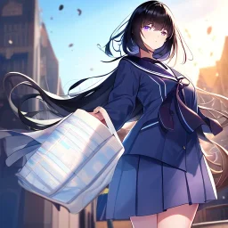 Clear focus, High resolution, Long fluffy black hair, Purple eyes, Wearing a sailor uniform, must be wearing a short skirt