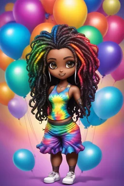 Create an airbrush image of a chibi black curvy female wearing a tie dye yoga outfit. Prominent make up with hazel eyes. Highly detail asymmetrical dread locs. background of colorful large ballons 2k