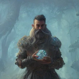 Insanely detailed landscape of an “D&D twilight cleric holding glowing D20” with intricate detailed trimed beard,high and tight hair cut,40 years old, intricate clothing, hyperdetailed painting by Ismail Inceoglu Huang Guangjian and Dan Witz CGSociety ZBrush Central fantasy art album cover art,8K, hdr, mysterious, flickeringlights ,Stoic