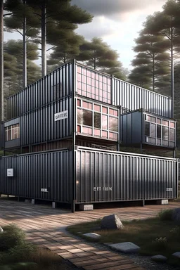 large house in the woods made from shipping containers, photorealistic