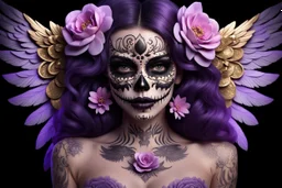 beautifull girl sugarskull,whit tattoo, pretty eyes, big wings, photography, volumetric lighting, ultra-detailed photography, black background, Perfect anatomy, super high resolution + UHD + HDR + highly detailed, hyperrealistic, dynamic lighting, purple, gold, PINK colors, STARS BACK AND MOON, FLOWERS PURPLE ARROUND