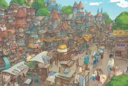 cartoon illustration of a city with a lot of shops and people, studio ghibli concept art, mit technology review, interconnections, quaint village, monkey island, boardgamegeek, stacked houses, webtoon, by David B. Mattingly, by Kelly Sueda, steampunk air haven