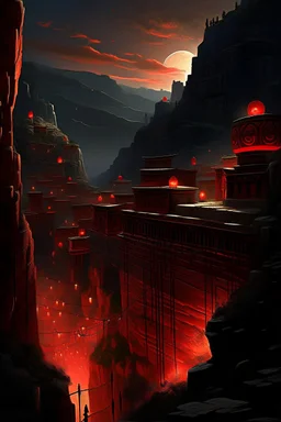 View of an ancient walled city sitting in a canyon as viewed from the rim of the canyon, the city is lighted by torches placed along the walls with windows high upon the wall, One window has a scarlet cord draped out reaching the ground, the sky is dark and surrealistic with planets and moons on the horizon, the rim of the canyon has armored soldiers laying in wait while 2 spies work their way down to the outside of the city wall where the scarlet cord hangs from the window above a cross