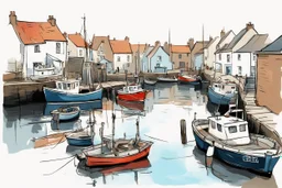 Small English fishing port in the style of a loose urban sketch