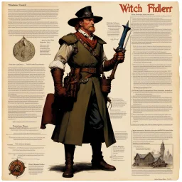 character concept sheet with AD&D statistics and characteristics, [illustration by Norman Rockwell] Witchfinder Sergeant