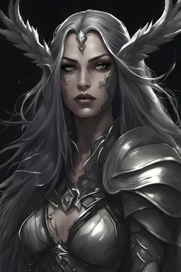 A female elf with skin the color of storm clouds, deep grey, stands ready for battle. Her long black hair flows behind her like a shadow, while her eyes gleam with a shiny silver light. Despite the grim set of her mouth, there's a undeniable beauty in her fierce countenance. She's been in a fight, evidenced by the ragged state of her leather armor and the red cape that's seen better days, edges frayed and torn. In her hands, she grips two swords, their blades spattered with an eerie green blood