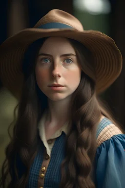 A girl with long dark brown hair, with a straw hat on her head, blue eyes, dressed in farm clothes