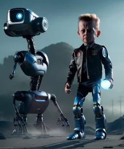 The Terminator toddler, robotic eye, robotic arm, full body, dramatic lighting, angry, hyper realistic