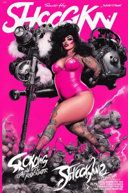 shocking pink magazine cover by Ralph Steadman: special bombshell in agent provocateur for her with curvy tattoos issue; guest star : Bebop and Rocksteady