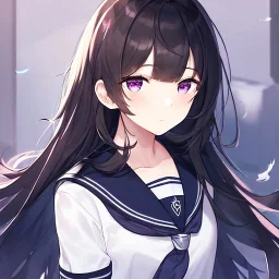 Clear focus, High resolution, Black long hair, fluffy hair, purple eyes, wearing a sailor uniform, rough line